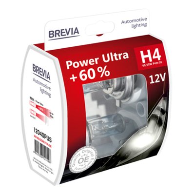 Галогенова лампа Brevia H4 12V 60/55W P43t Power Ultra +60% S2 101 фото