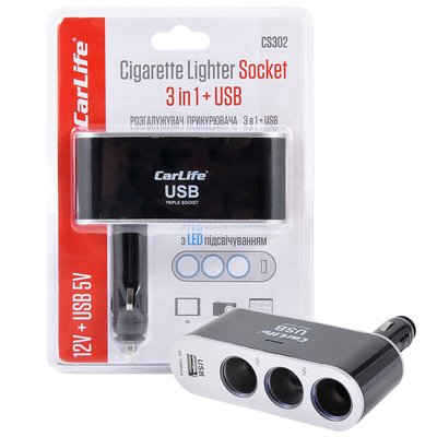 Розгалужувач прикурювача Carlife 3в1 + USB 2424 фото