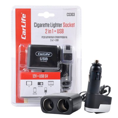 Розгалужувач прикурювача Carlife 2в1 + USB, 12В, 5A 2426 фото